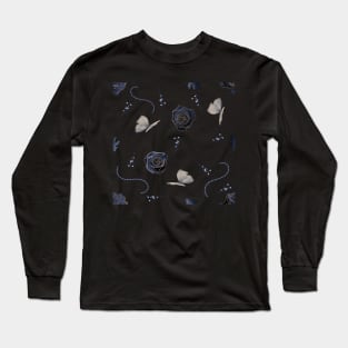 Glitter Goth Blue Gold Rose Butterfly Botanical Long Sleeve T-Shirt